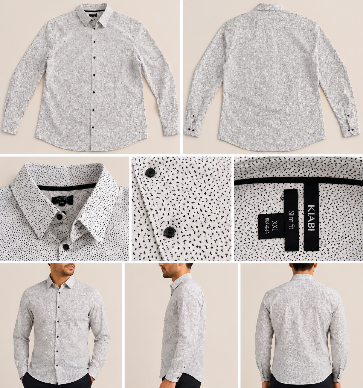 Camisa KIABI Slim Fit – Branco com Padrão Preto (XXL)