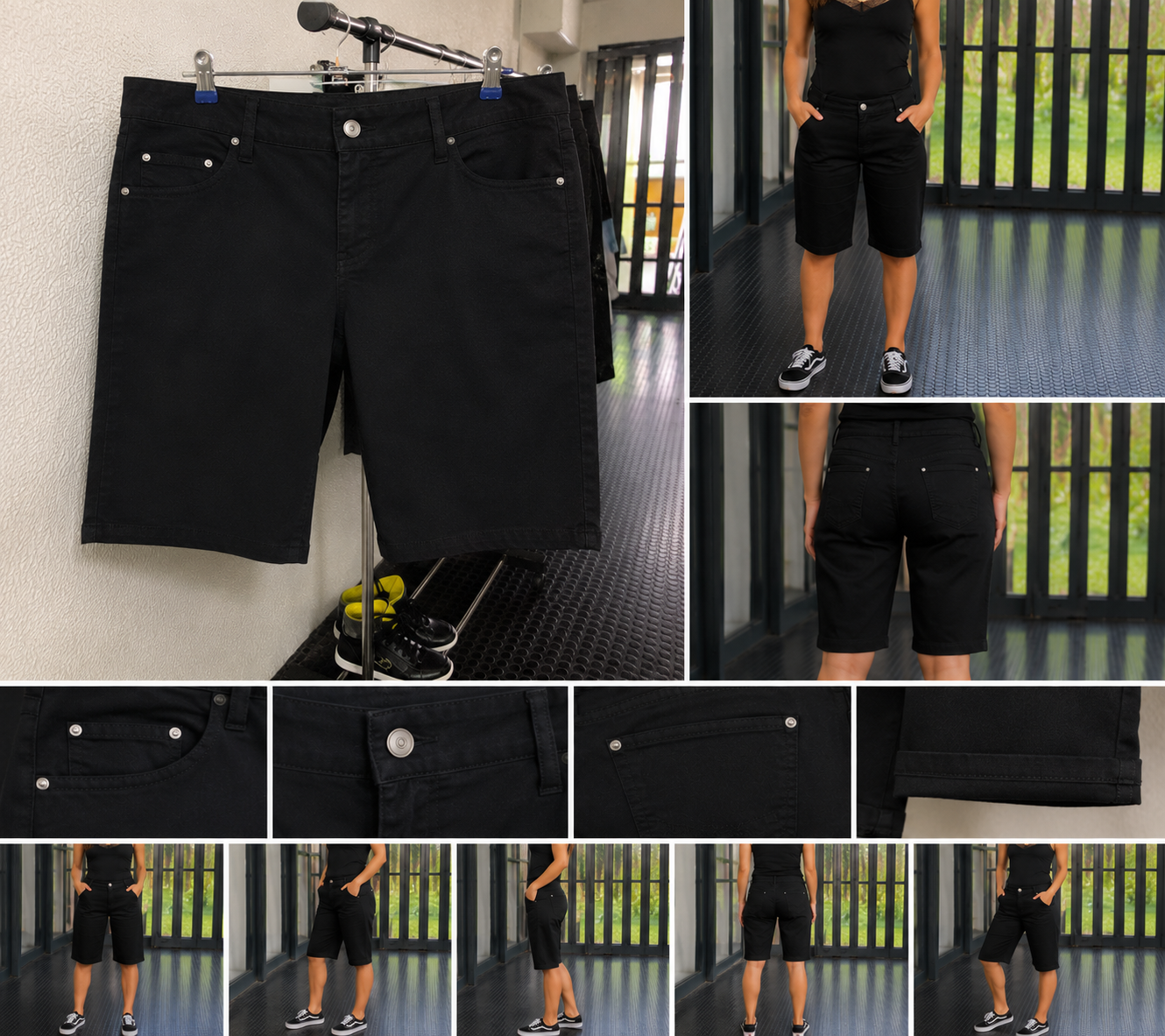 Bermuda mulher preta corte direito com bolsos à frente e atrás, fecho botão e zip, tamanho 44 XL