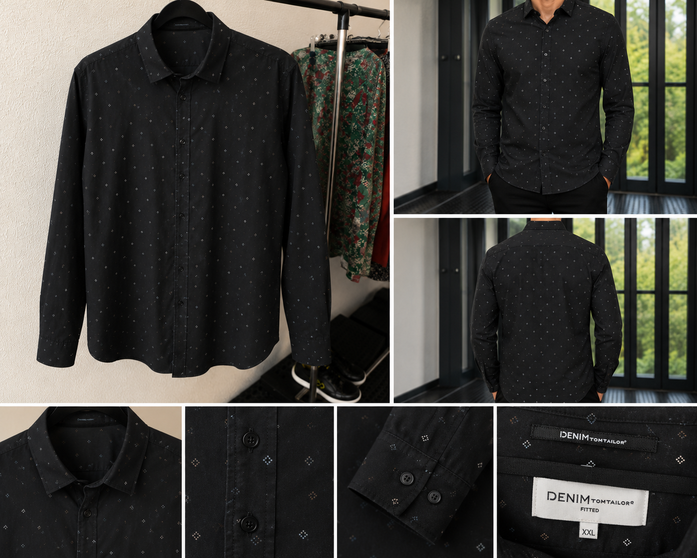 Camisa homem Denim Tom Tailor preta com motivos geométricos, modelo Fitted, mangas compridas, tamanho XXL