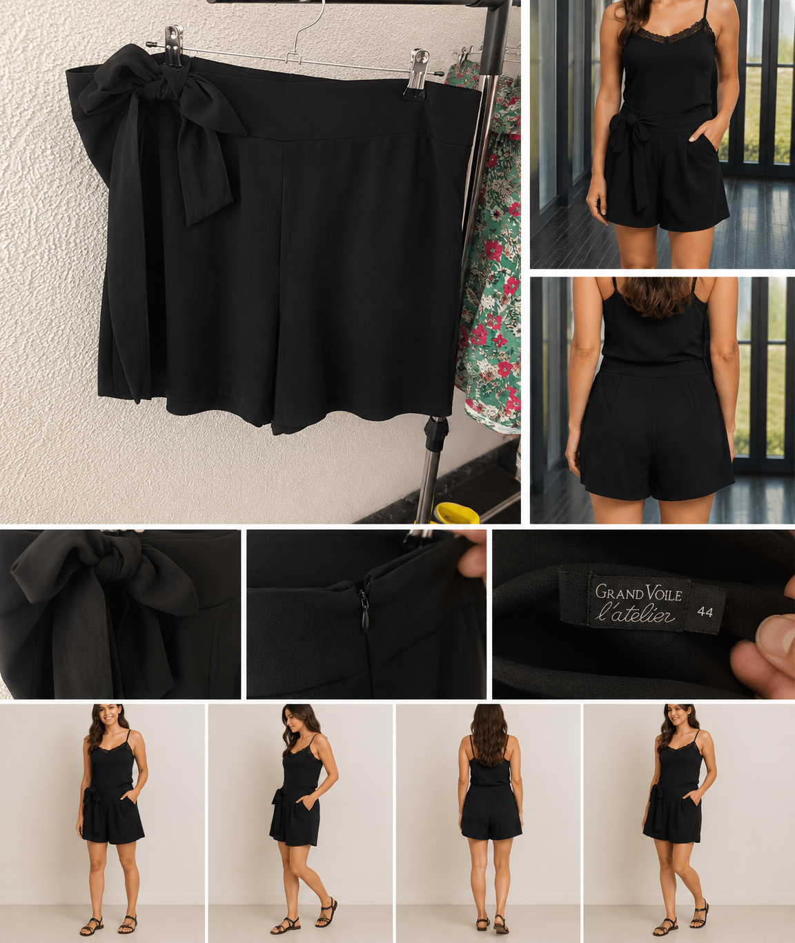 Saia preta mulher com laço decorativo no lado da cintura, corte fluido, marca Grand Voile L'atelier, tamanho 44 XL