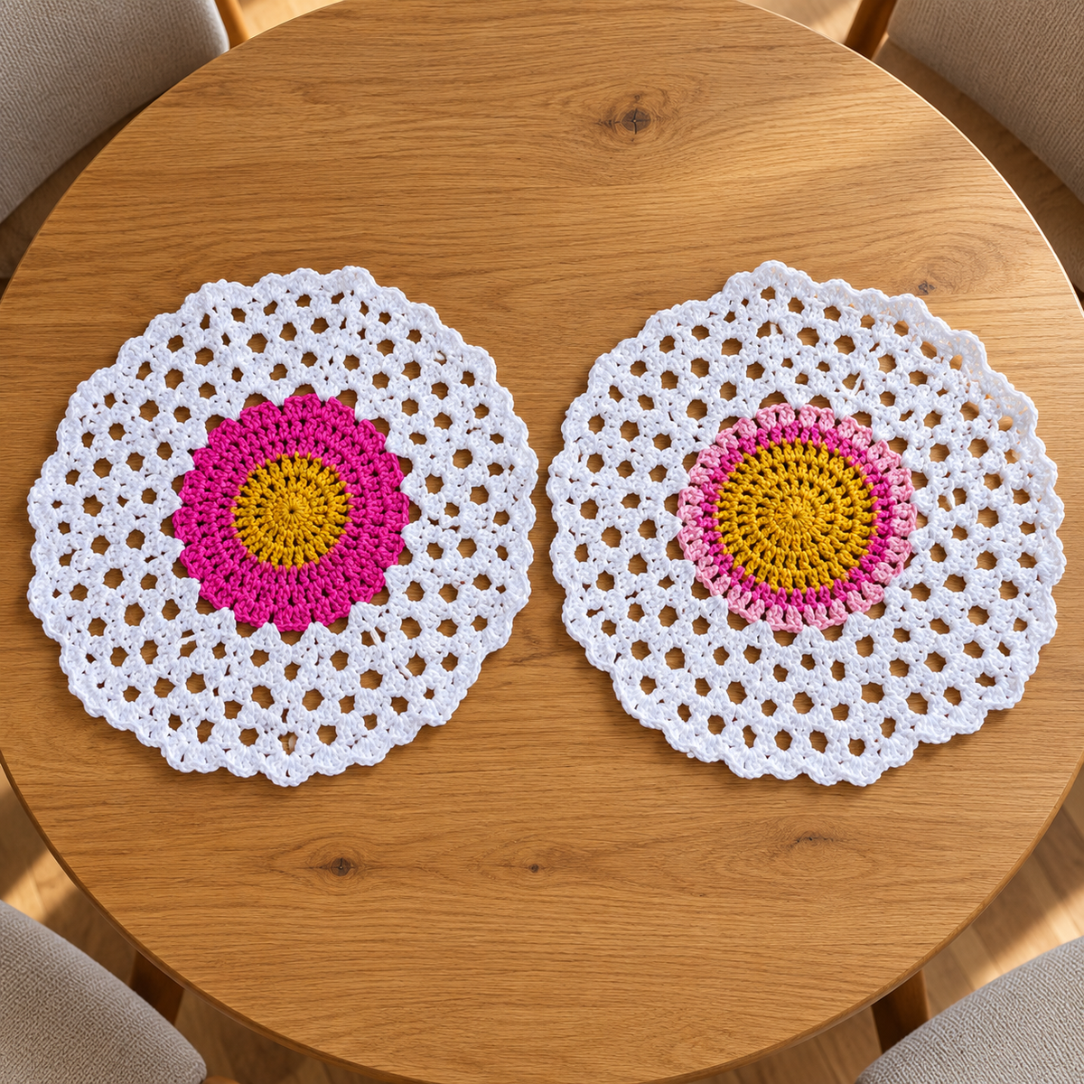 Conjunto de 2 Individuais de Mesa em Croché | Amarelo e Rosa