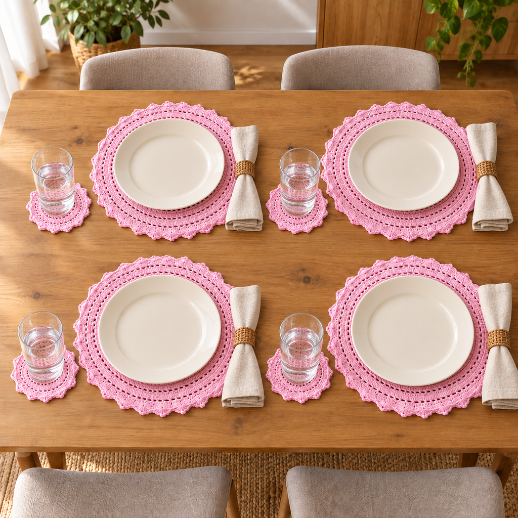 Conjunto de 4 Individuais e 4 Bases para Copos em Croché Rosa