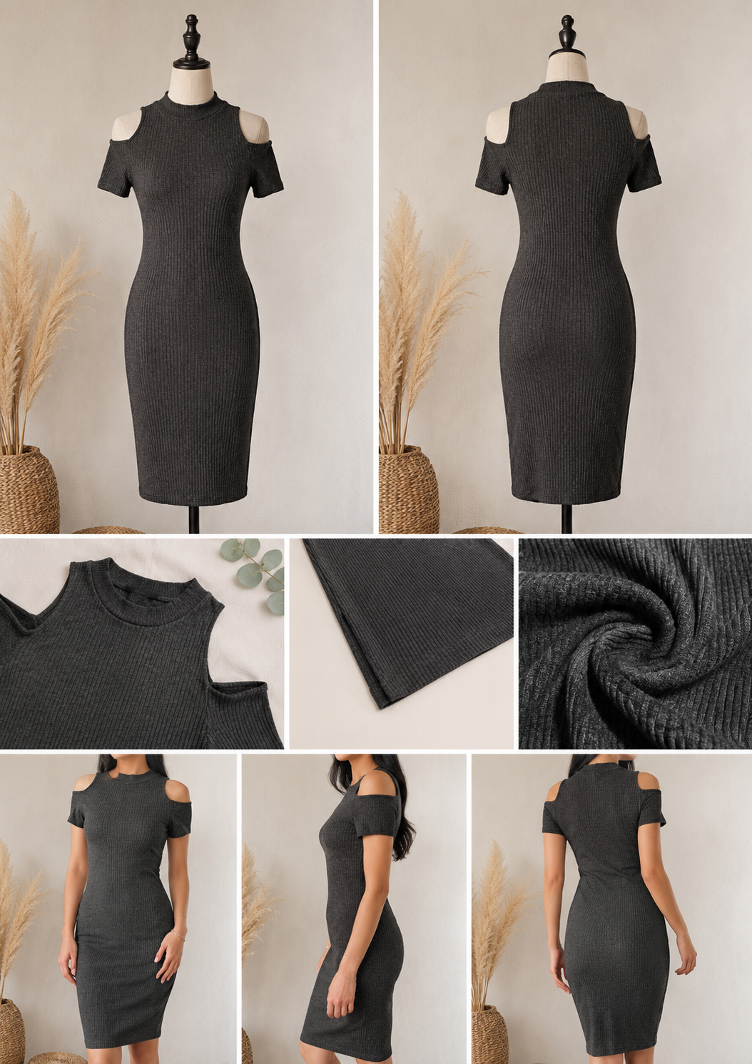 Vestido Jennyfer Canelado com Ombros Abertos – Cinzento Escuro (XS)