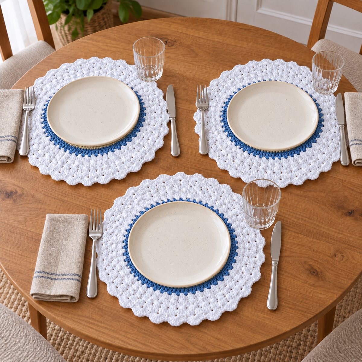 Conjunto de 3 Individuais de Mesa em Croché | Creme, Azul e Branco