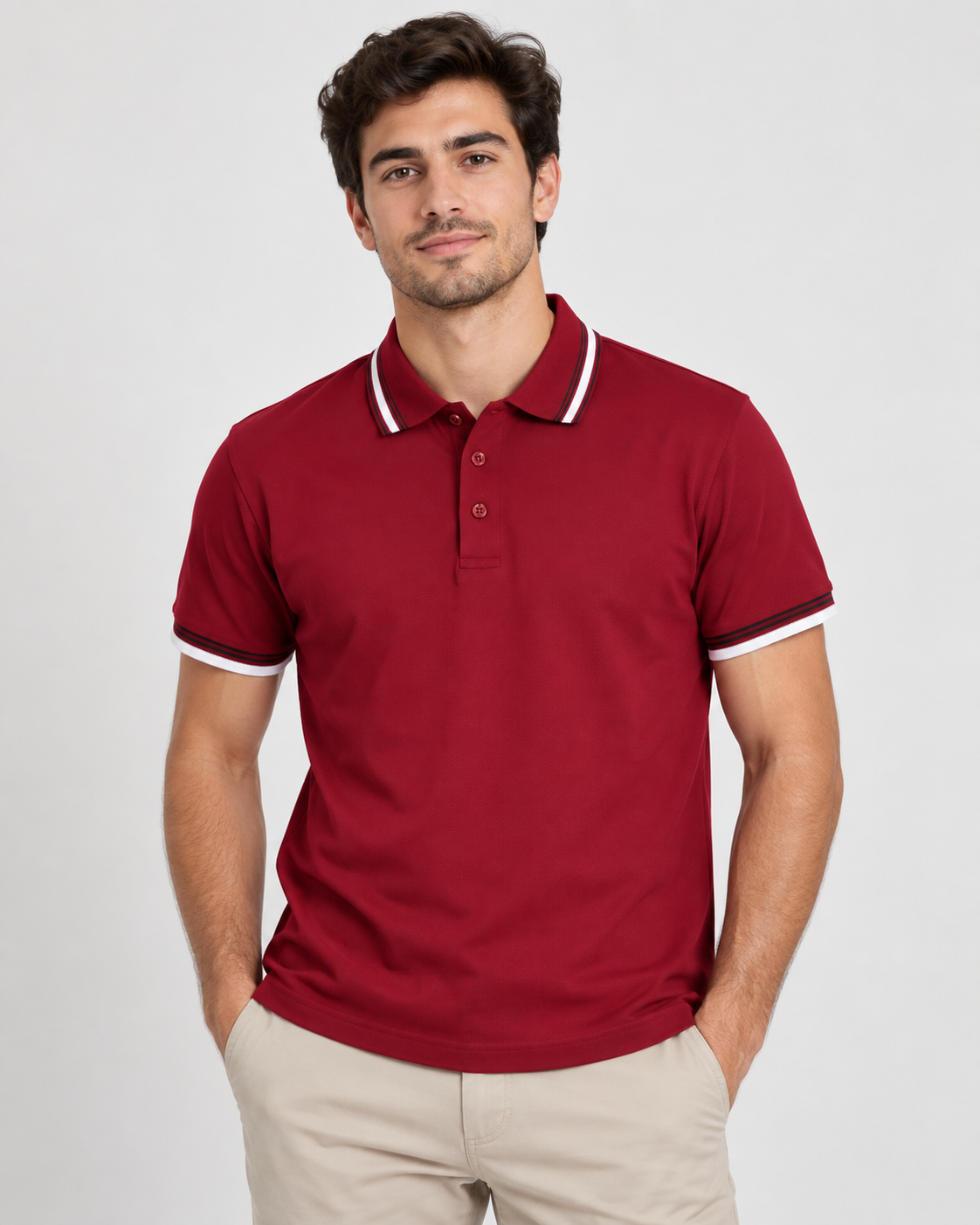 Polo de Homem Bordeaux com Detalhes Branco e Preto – Tamanho XL – Novo com Etiqueta
