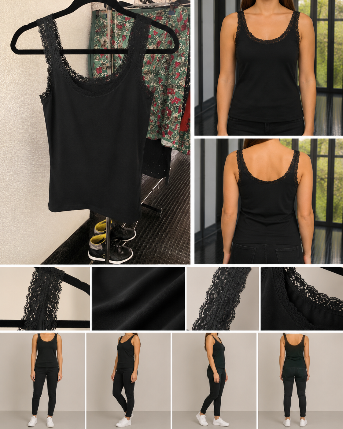 Débardeur mulher preto com detalhes em renda nas alças e decote, tamanho S