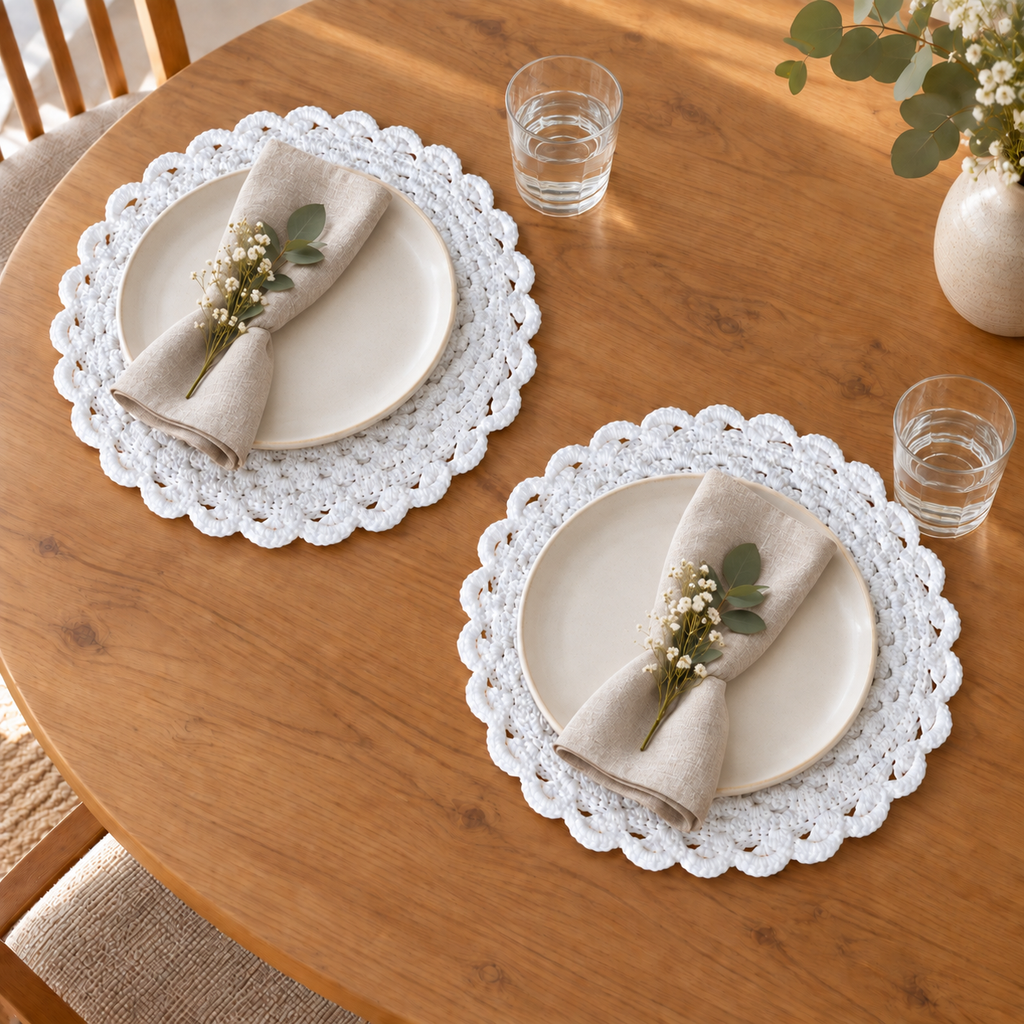 Conjunto de 2 Individuais de Mesa em Croché | Branco e Rosa-Claro