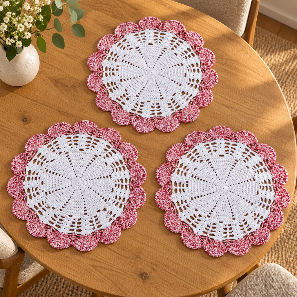 Conjunto de 3 Individuais de Mesa em Croché – Branco e Vermelho