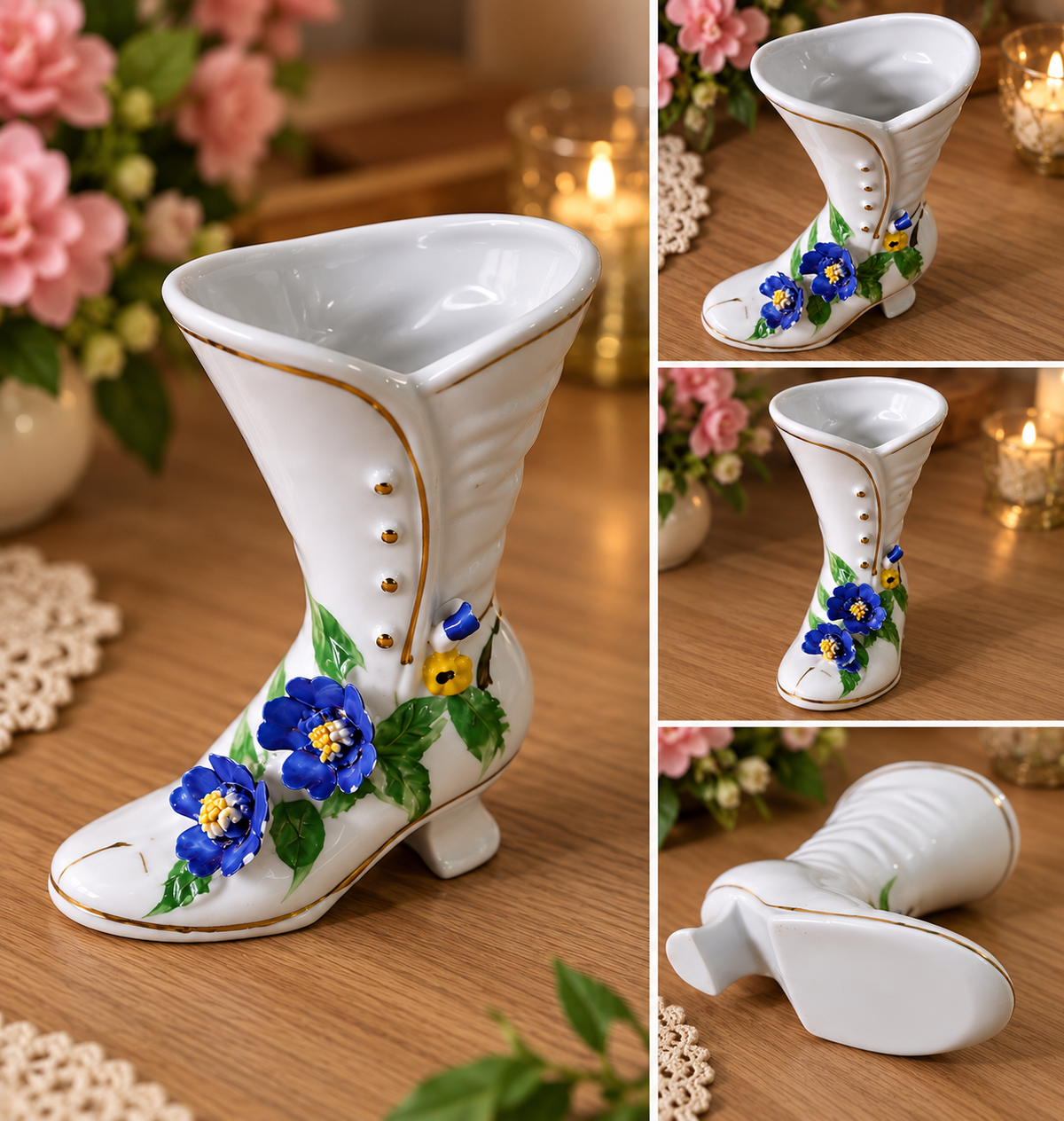 Vaso Decorativo em Forma de Bota com Flores Azuis