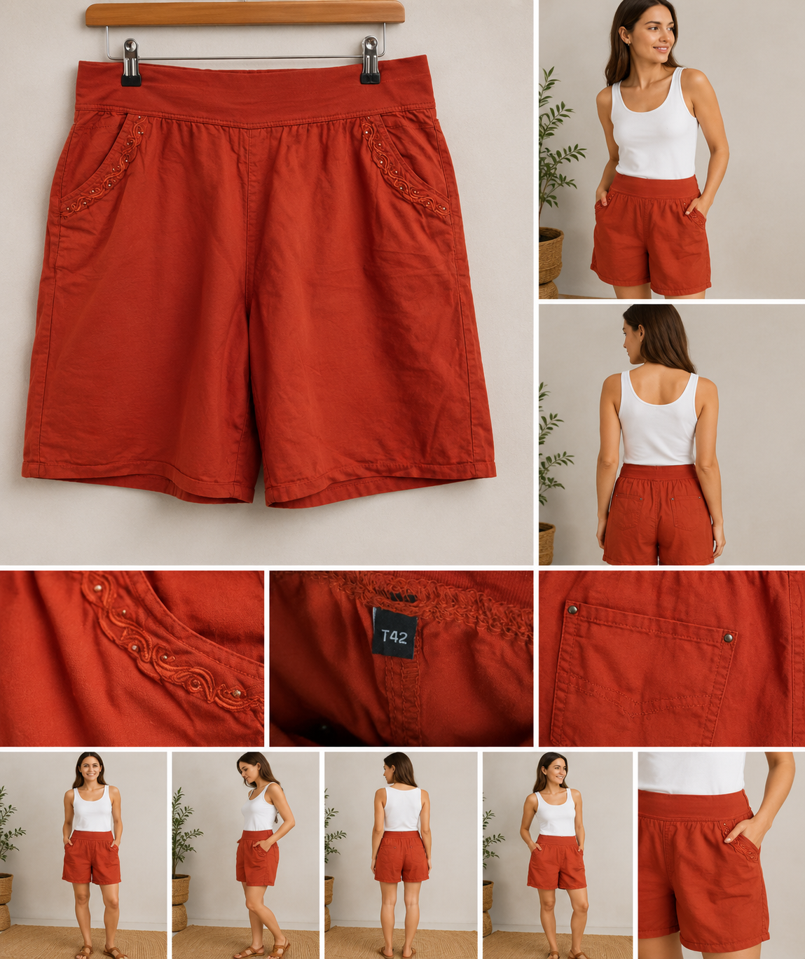 Short mulher terracotta com bordados e detalhes brilhantes nos bolsos, cinto elástico, tamanho 42 L/XL