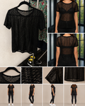 Top mulher preto ajourado semi-transparente, mangas curtas, corte direito, tamanho 42 XL
