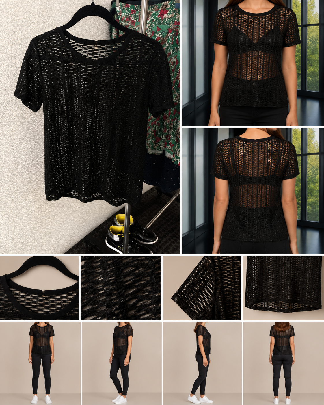 Top mulher preto ajourado semi-transparente, mangas curtas, corte direito, tamanho 42 XL