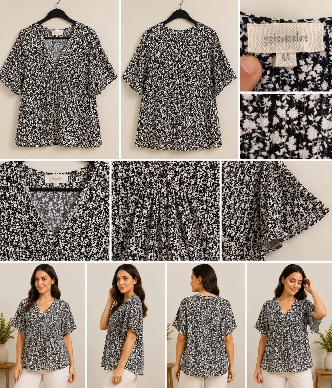 Blusa Fluida Estampado Floral Preto e Branco – M