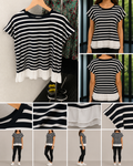 Top mulher riscas horizontais preto e branco com barra fluida branca na bainha, mangas curtas, tamanho XL