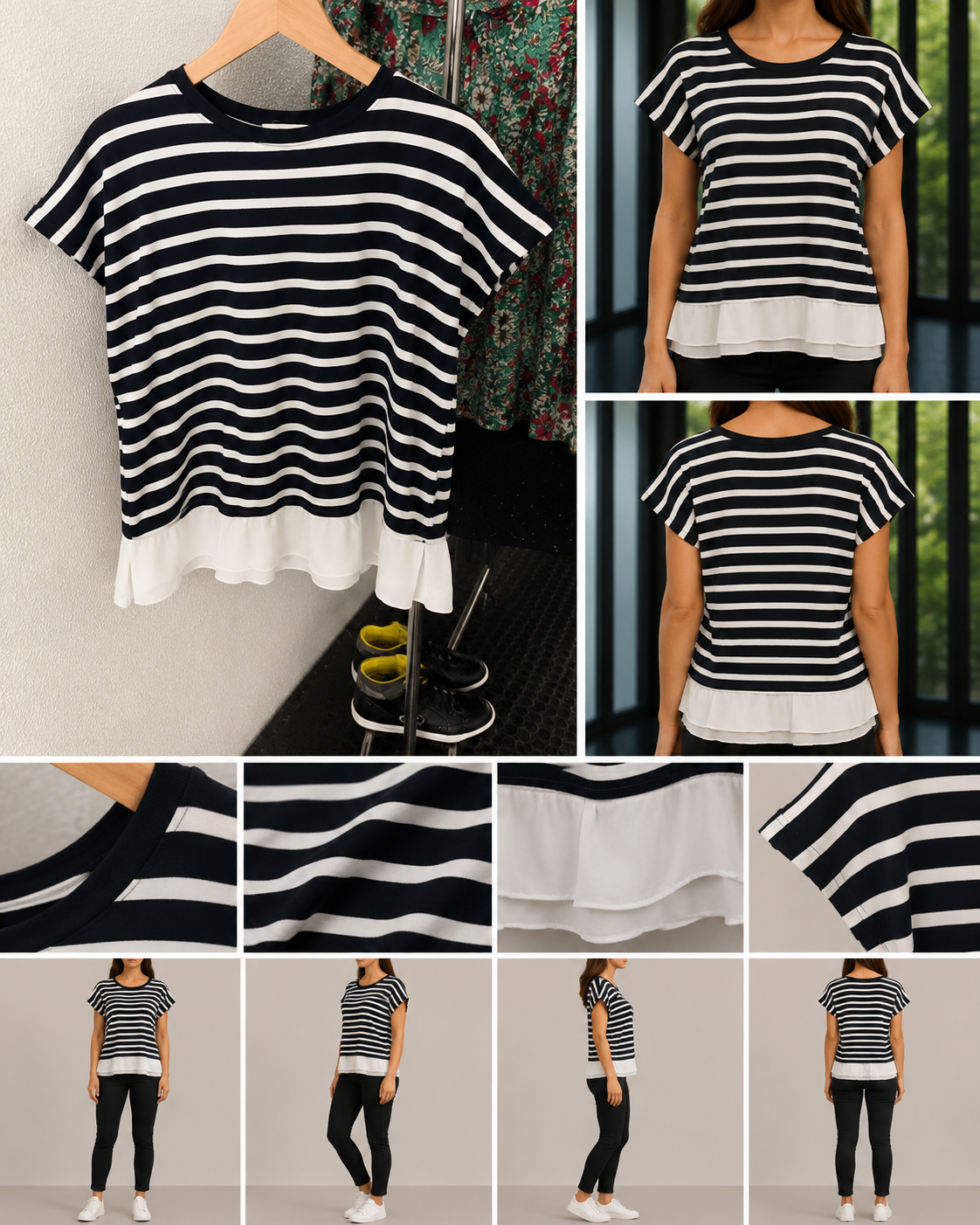 Top mulher riscas horizontais preto e branco com barra fluida branca na bainha, mangas curtas, tamanho XL