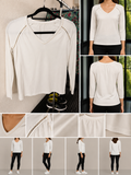 Top branco Morgan mulher mangas compridas decote V com detalhes ajourados nos ombros, tamanho S