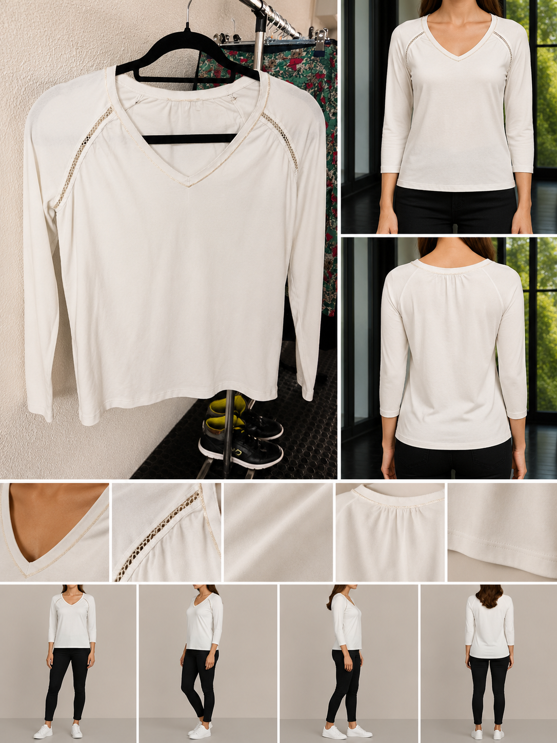 Top branco Morgan mulher mangas compridas decote V com detalhes ajourados nos ombros, tamanho S