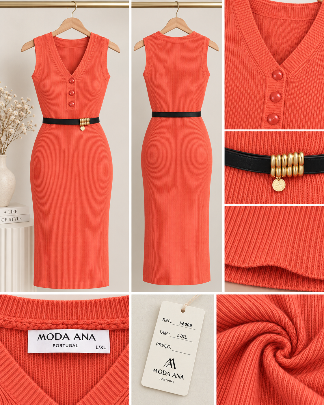 Vestido Canelado Coral Moda Ana com Cinto – Tamanho L/XL – Novo