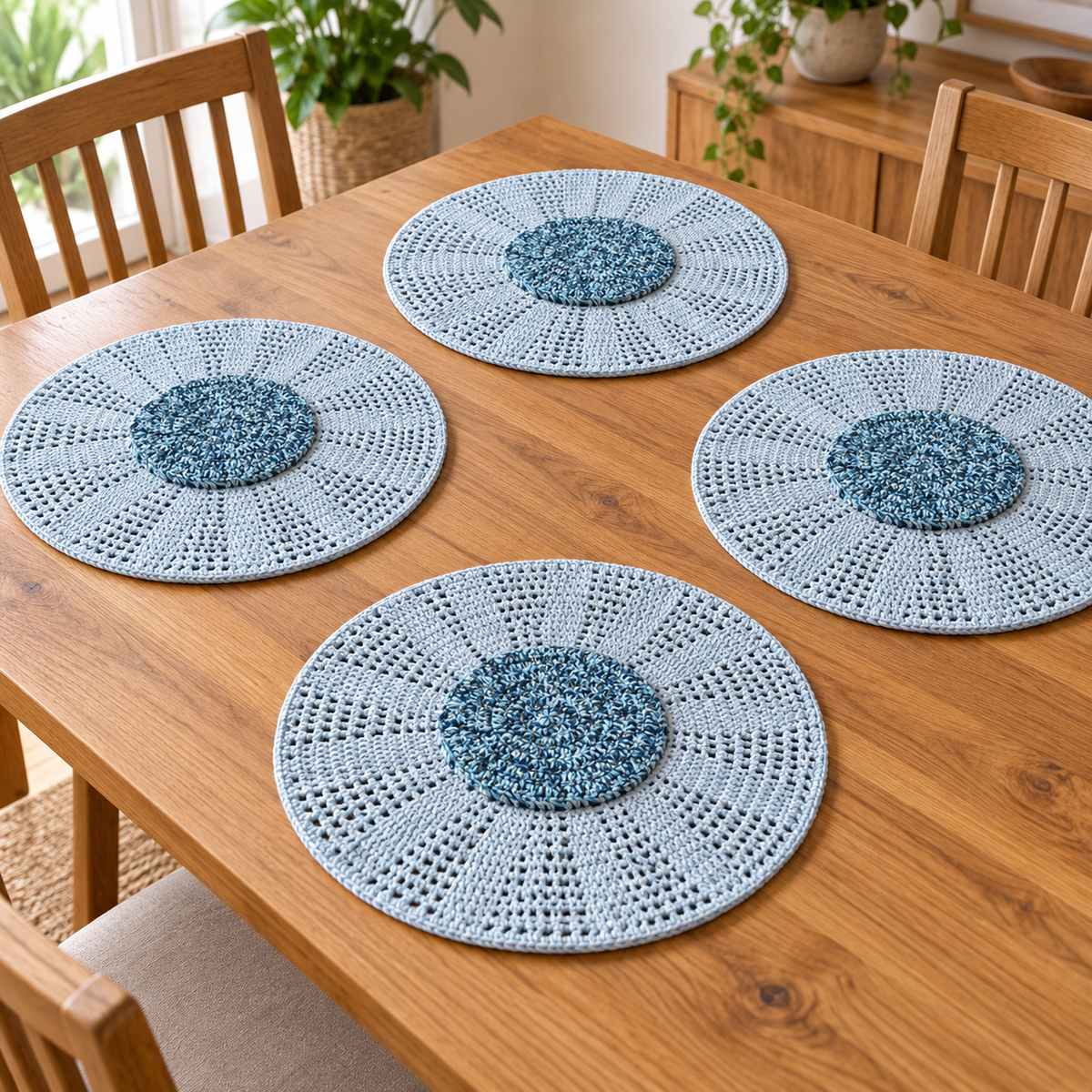 Conjunto de 4 Individuais de Mesa em Croché | Azul-Claro com Centro em Relevo