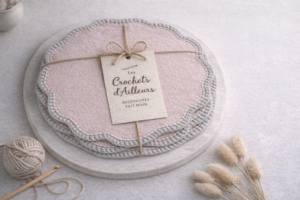Round Table Set x4 – Rosy Beige Fabric & Crochet Trim