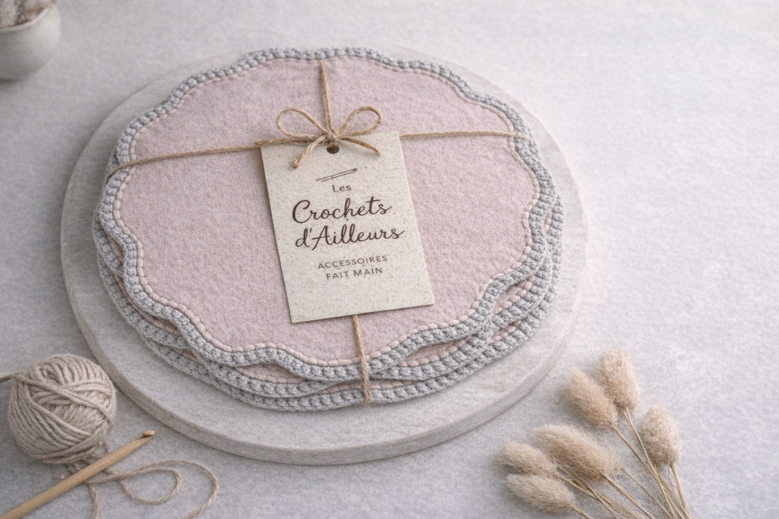 Round Table Set x4 – Rosy Beige Fabric & Crochet Trim