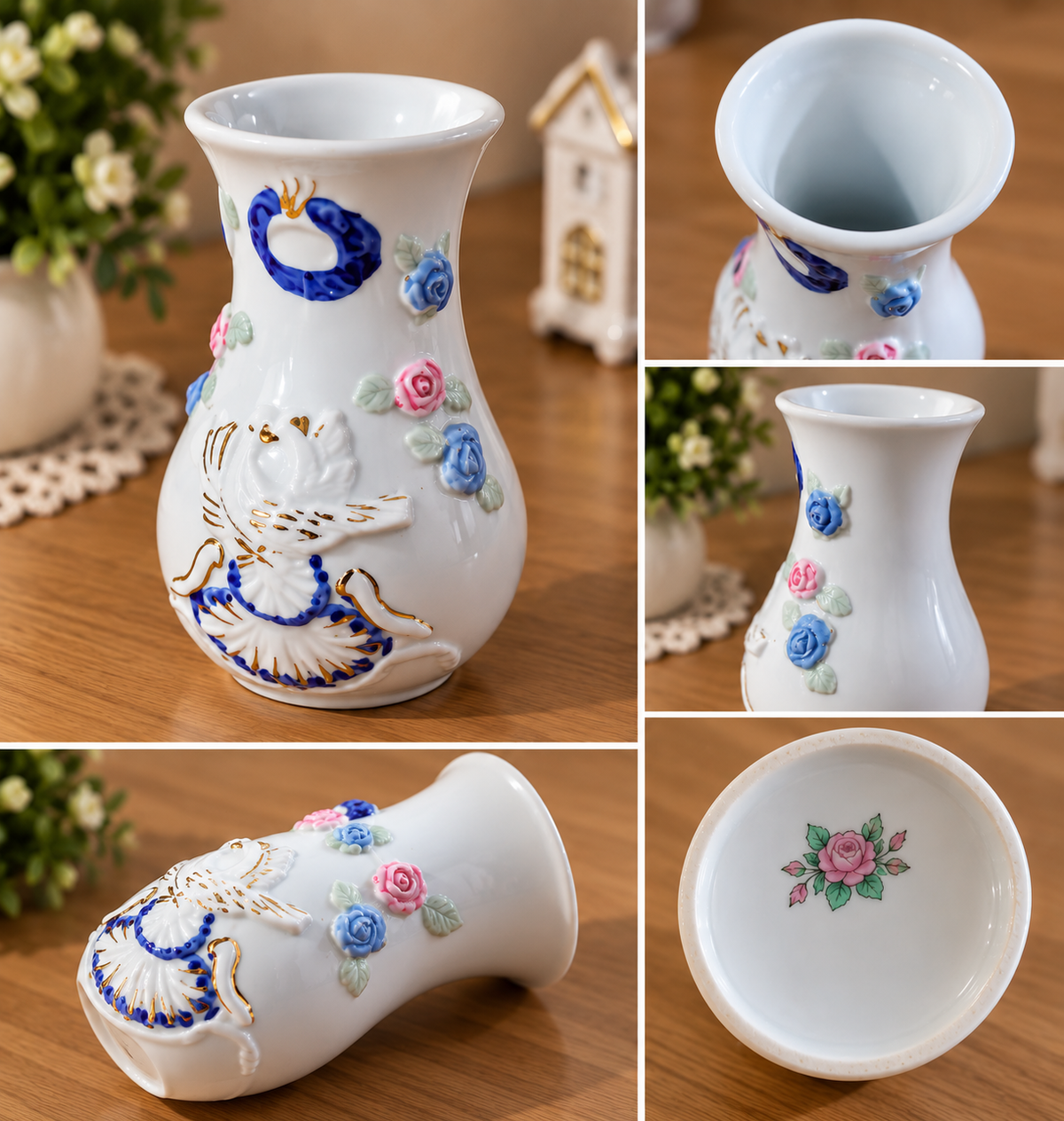 Segunda Mão | Vaso Decorativo em Porcelana com Pássaros e Flores em Relevo