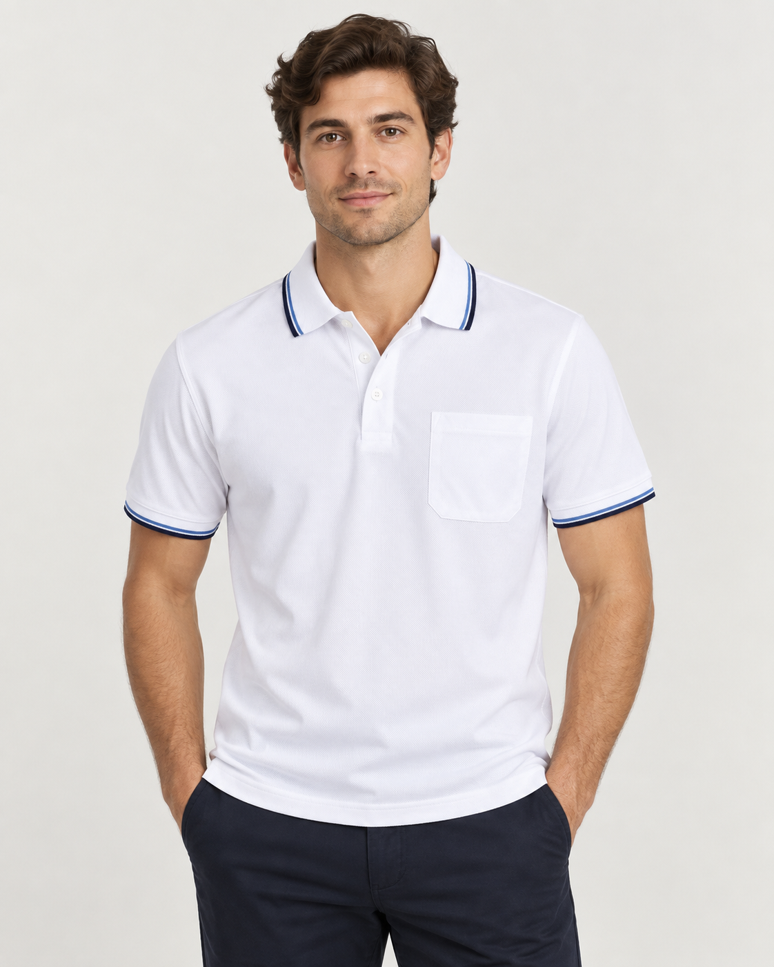Polo de Homem Branco com Detalhes Azul-Marinho – Tamanho XL – Novo com Etiqueta