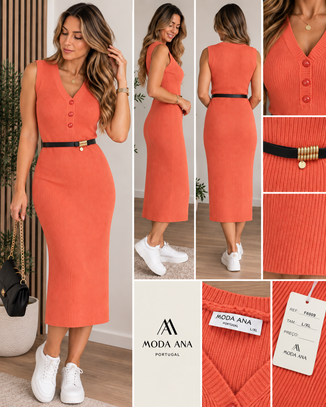 Vestido Canelado Coral Moda Ana com Cinto – Tamanho L/XL – Novo