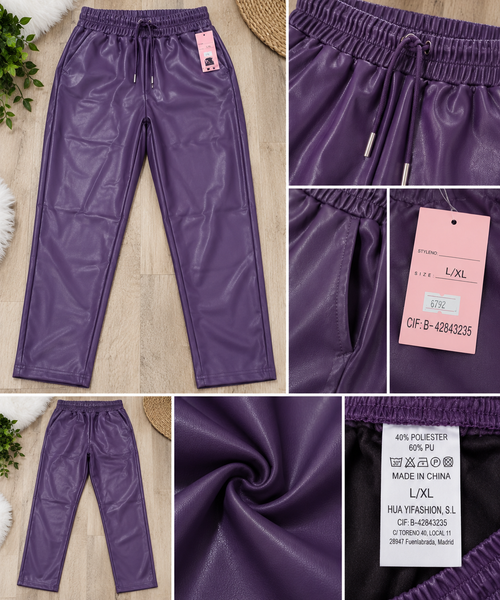 Calças Efeito Pele Roxas com Cintura Elástica – Tamanho L/XL – Novas