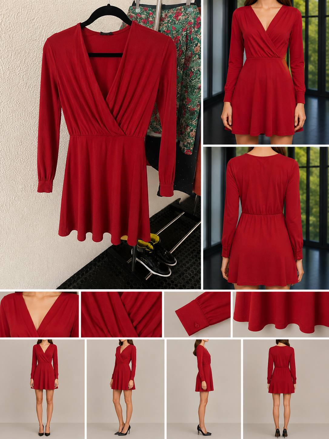 Vestido vermelho cache-cœur H&M mulher, mangas compridas, cintura marcada, saia evasé, tamanho XS