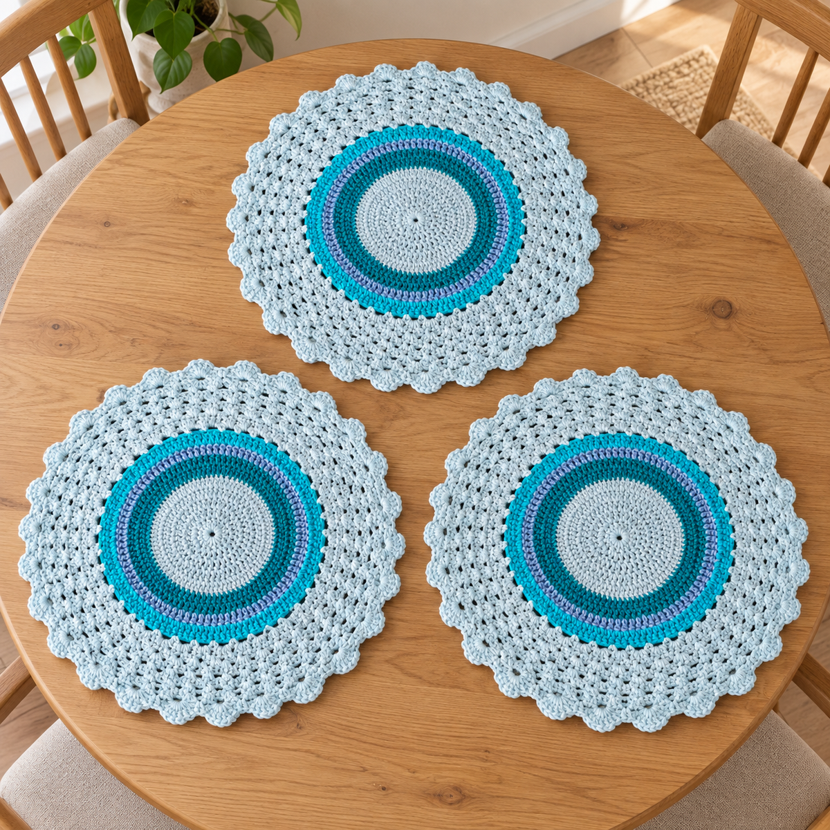 Conjunto de 3 Individuais de Mesa em Croché | Turquesa e Azul-Claro