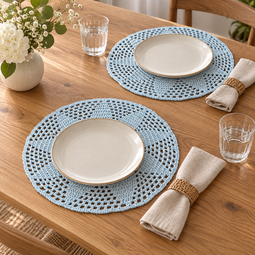 Conjunto de 2 Individuais de Mesa em Croché Azul-Claro