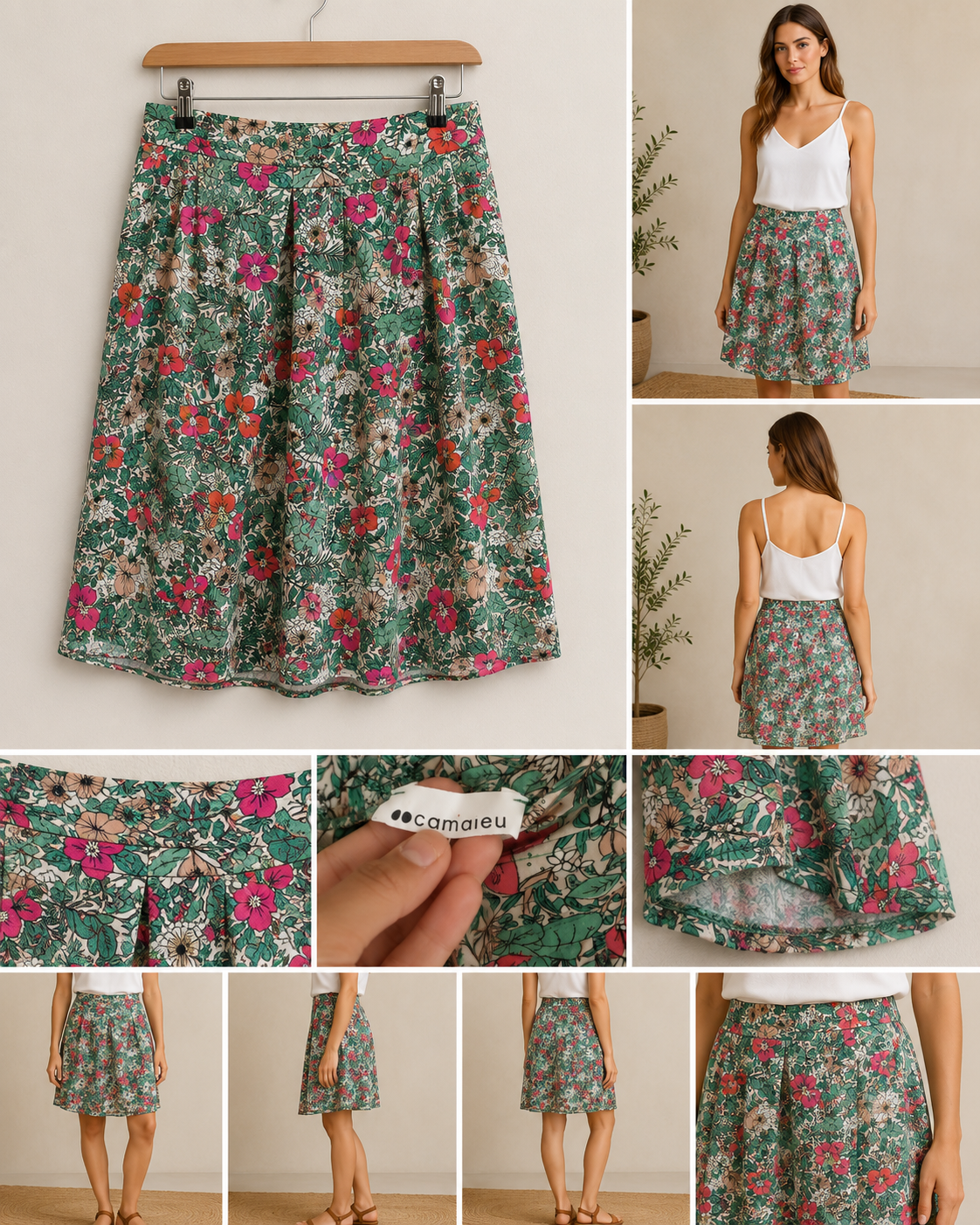 Saia florida mulher Camaïeu – estampado floral multicolor com tons verdes e rosa, corte evasé, tamanho L/XL