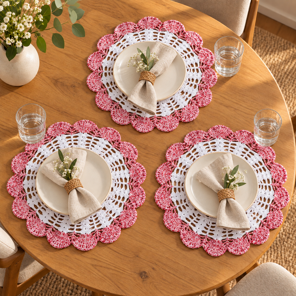 Conjunto de 3 Individuais de Mesa em Croché – Branco e Vermelho