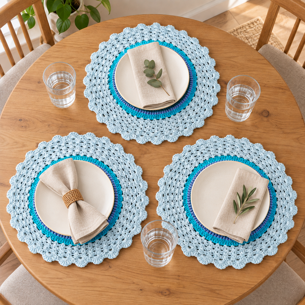 Conjunto de 3 Individuais de Mesa em Croché | Turquesa e Azul-Claro