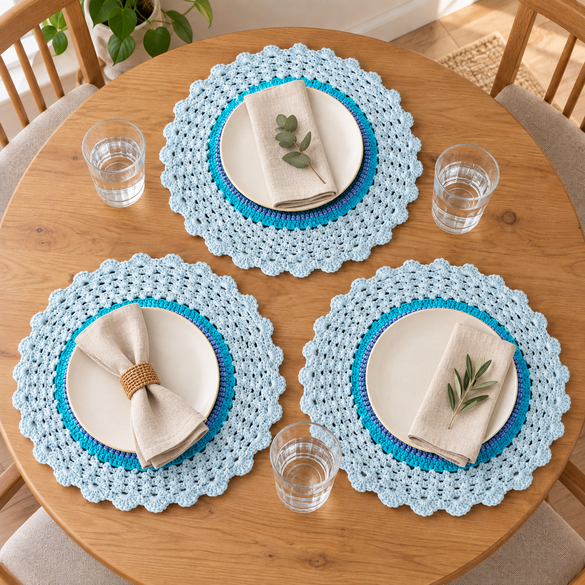 Conjunto de 3 Individuais de Mesa em Croché | Turquesa e Azul-Claro
