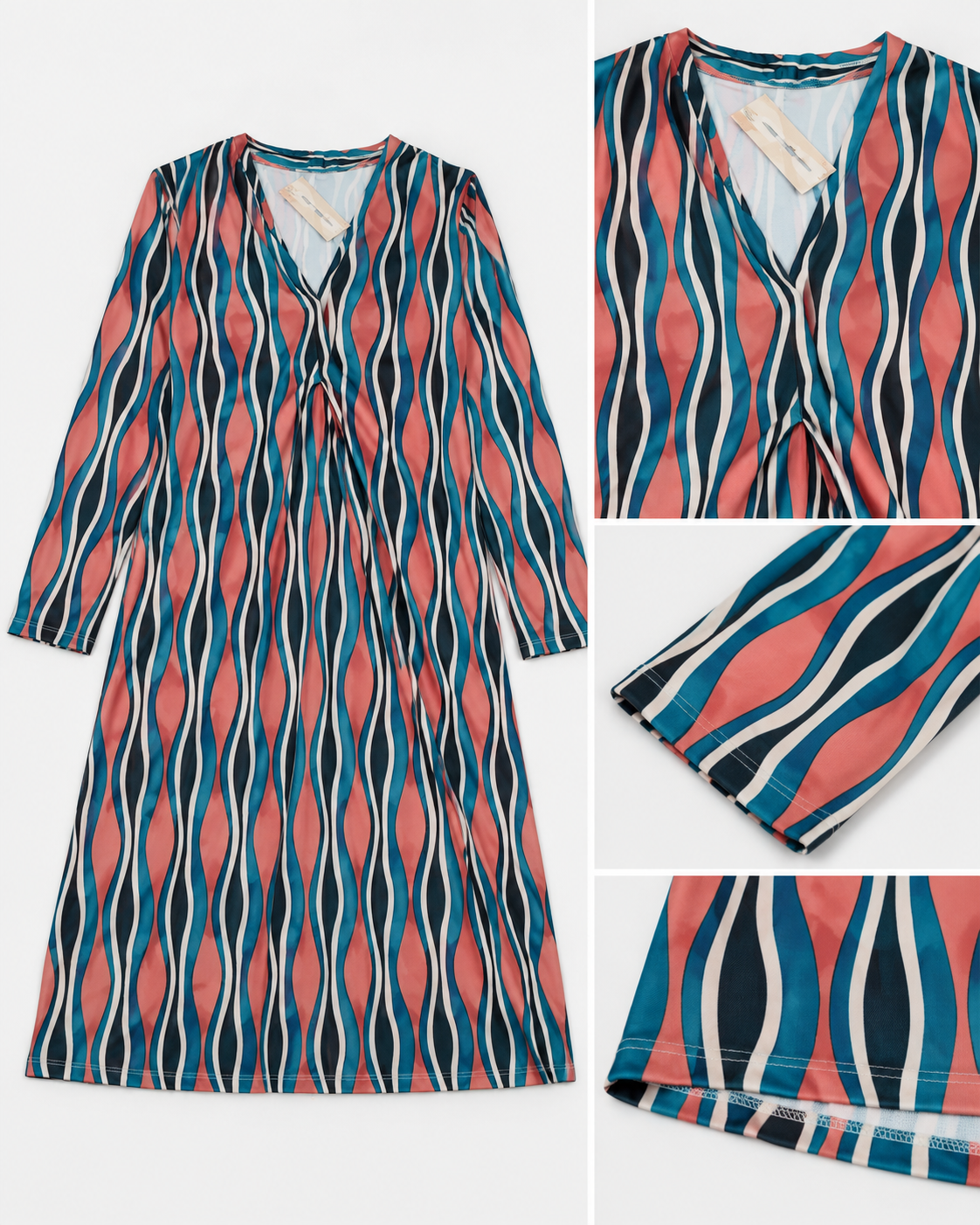 Vestido de Mulher com Estampado Ondulado Verde-Petróleo – Tamanho Único M–L – Made in Italy – Novo com Etiqueta