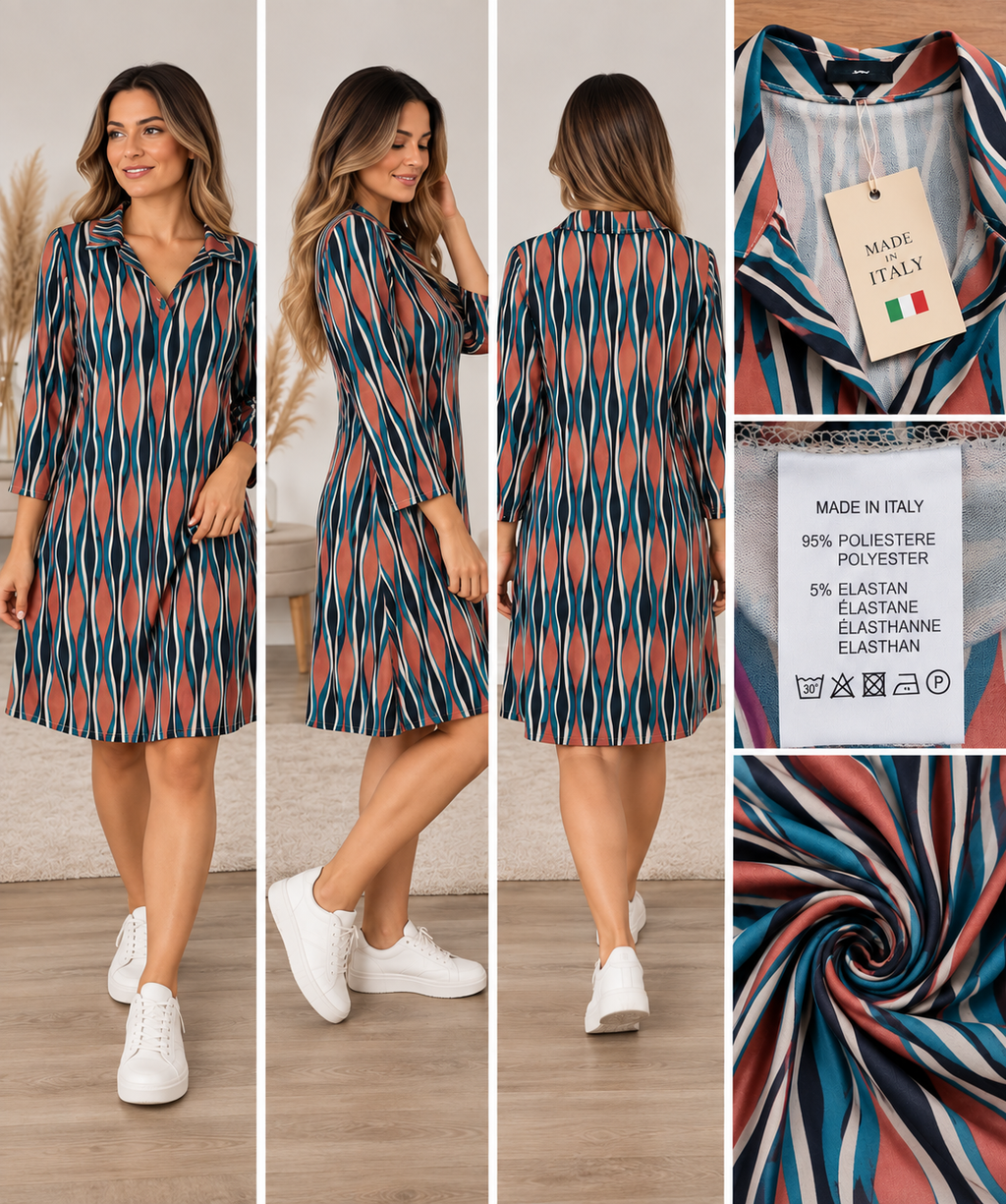 Vestido de Mulher com Estampado Ondulado Verde-Petróleo – Tamanho Único M–L – Made in Italy – Novo com Etiqueta