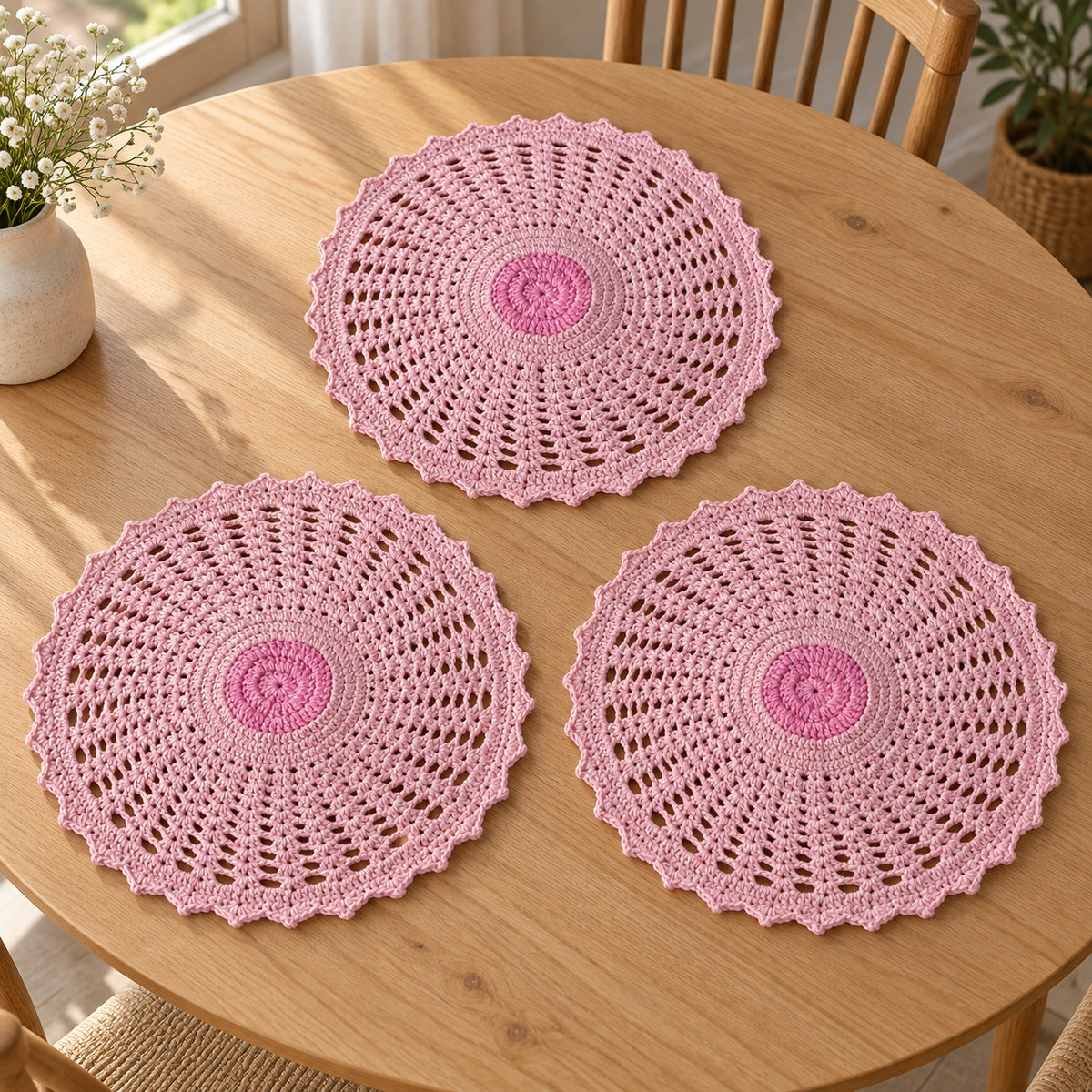 Conjunto de 3 Individuais de Mesa em Croché Rosa