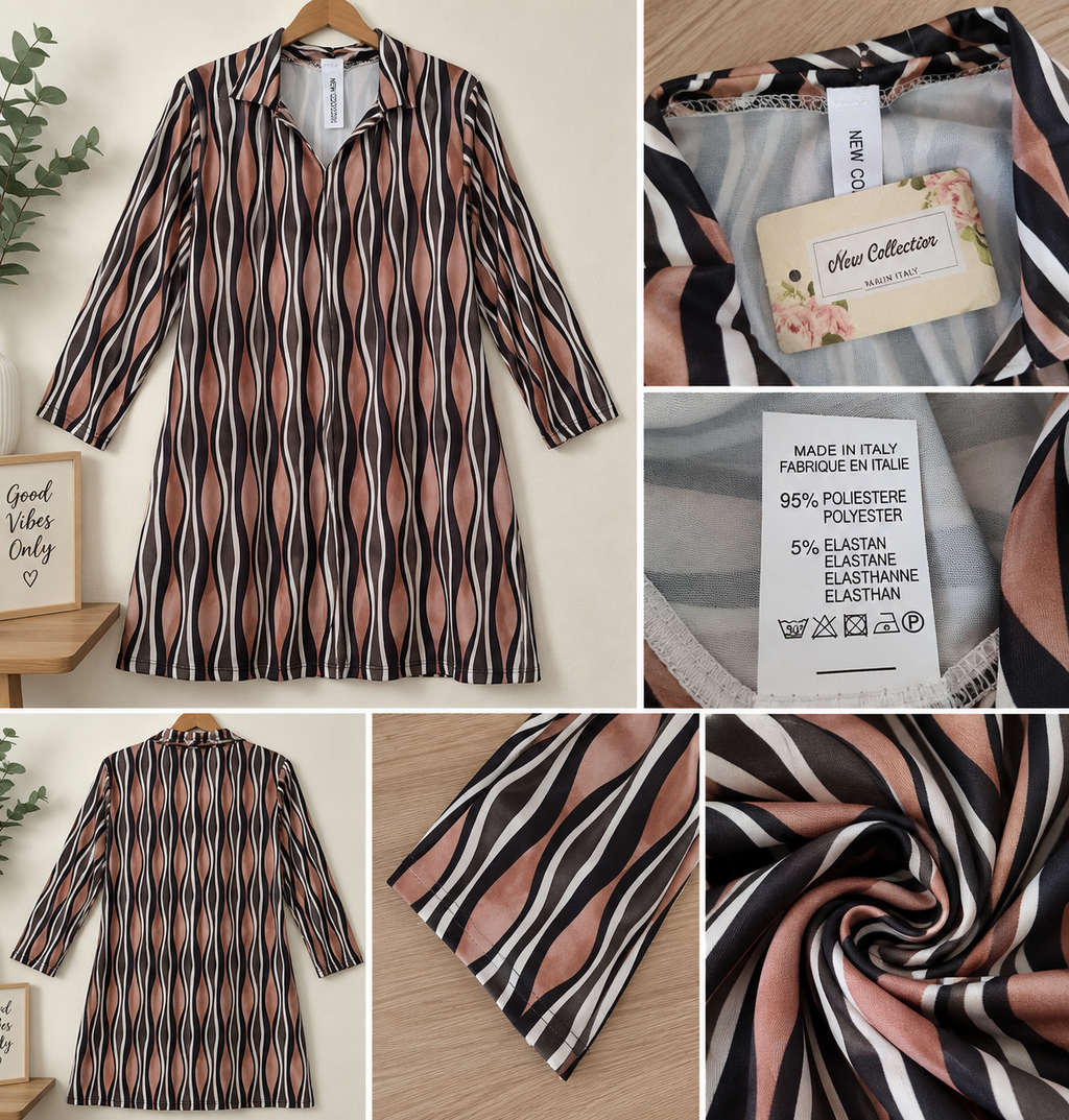 Vestido/Túnica de Mulher com Estampado Ondulado – Tamanho Único M–L – Made in Italy – Novo com Etiqueta
