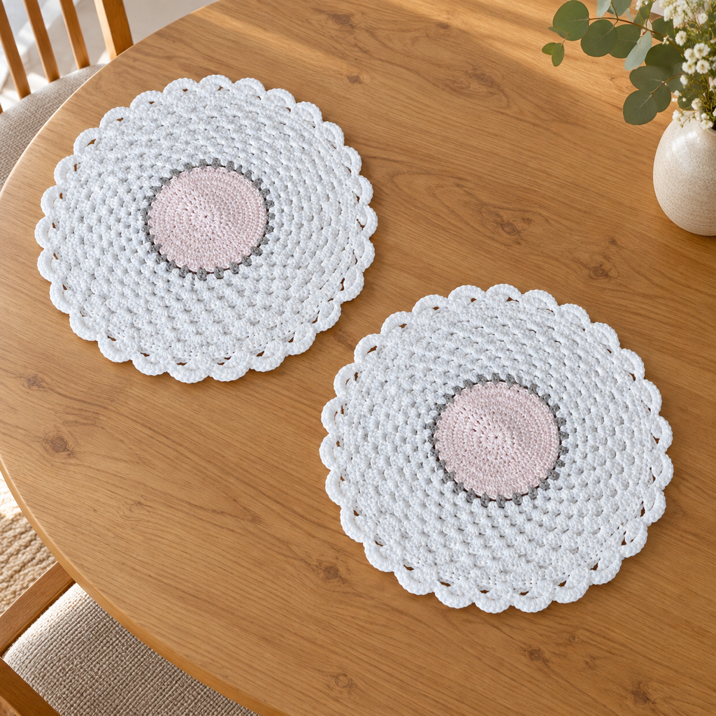 Conjunto de 2 Individuais de Mesa em Croché | Branco e Rosa-Claro