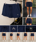 Short de desporto mulher azul marinho M.Finlly, corte amplo, cinto elástico com cordão, bolsos laterais, tamanho 46 XXL