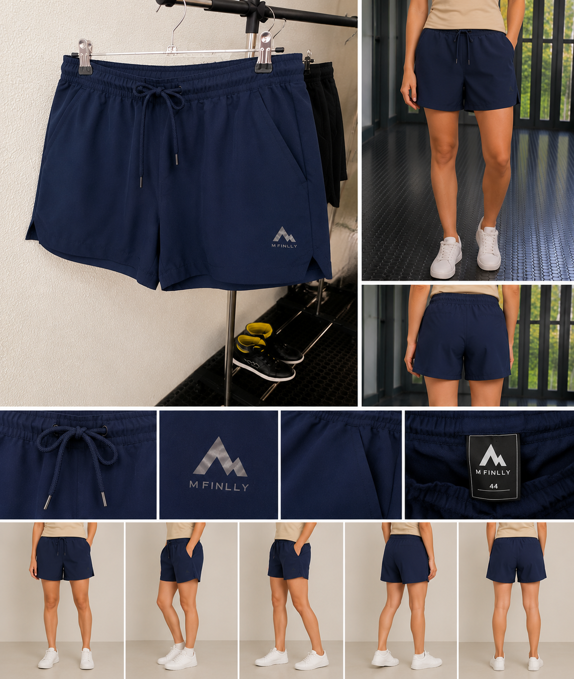 Short de desporto mulher azul marinho M.Finlly, corte amplo, cinto elástico com cordão, bolsos laterais, tamanho 46 XXL