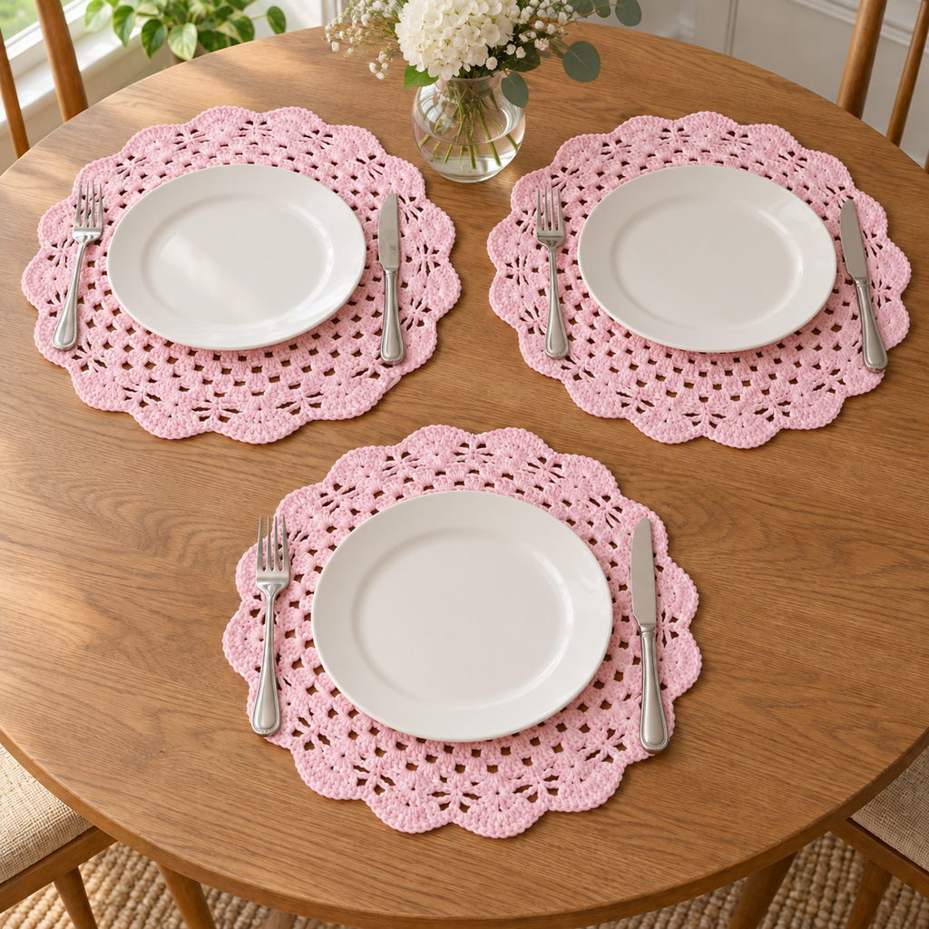 Conjunto de 3 Individuais Redondos em Croché | Rosa-Claro