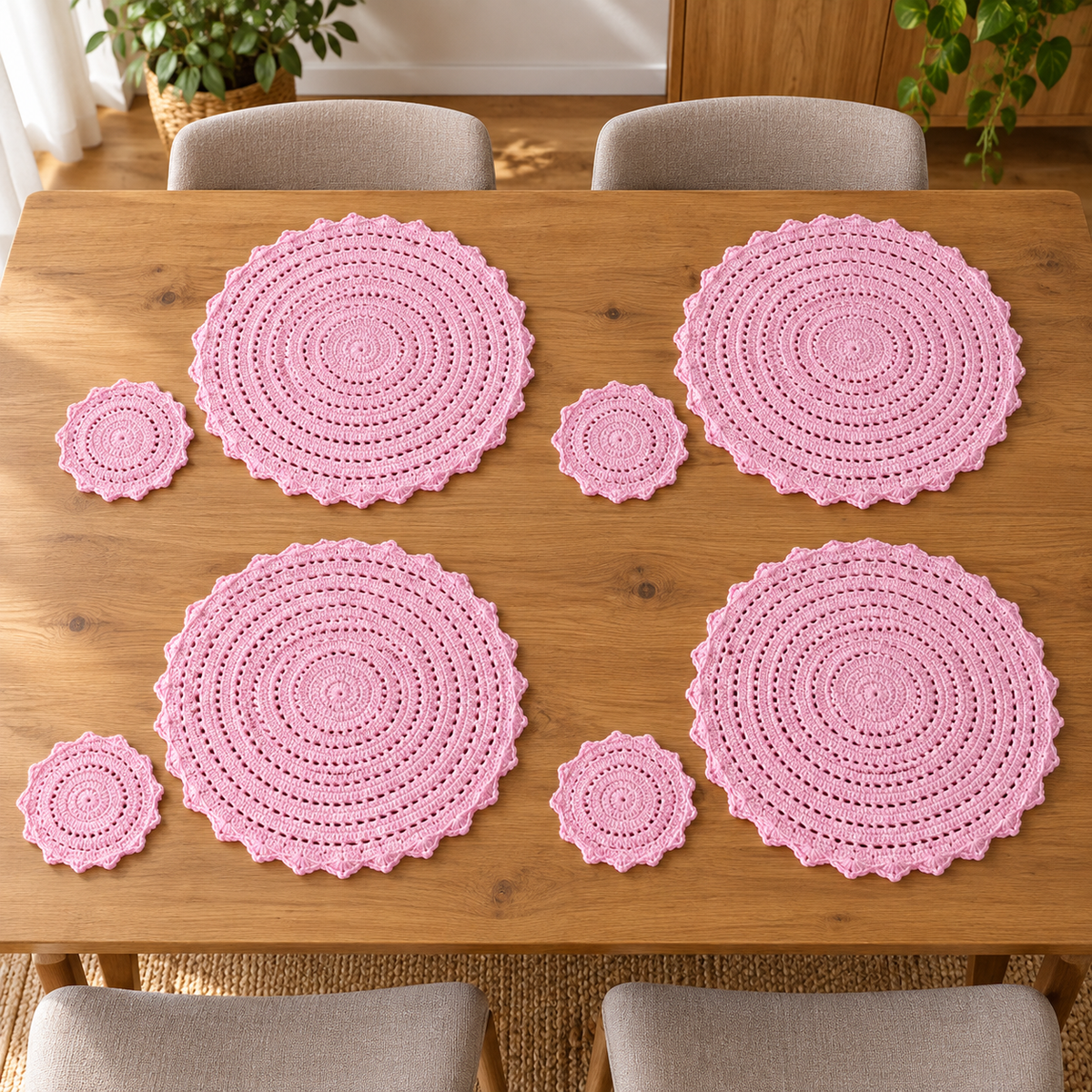 Conjunto de 4 Individuais e 4 Bases para Copos em Croché Rosa