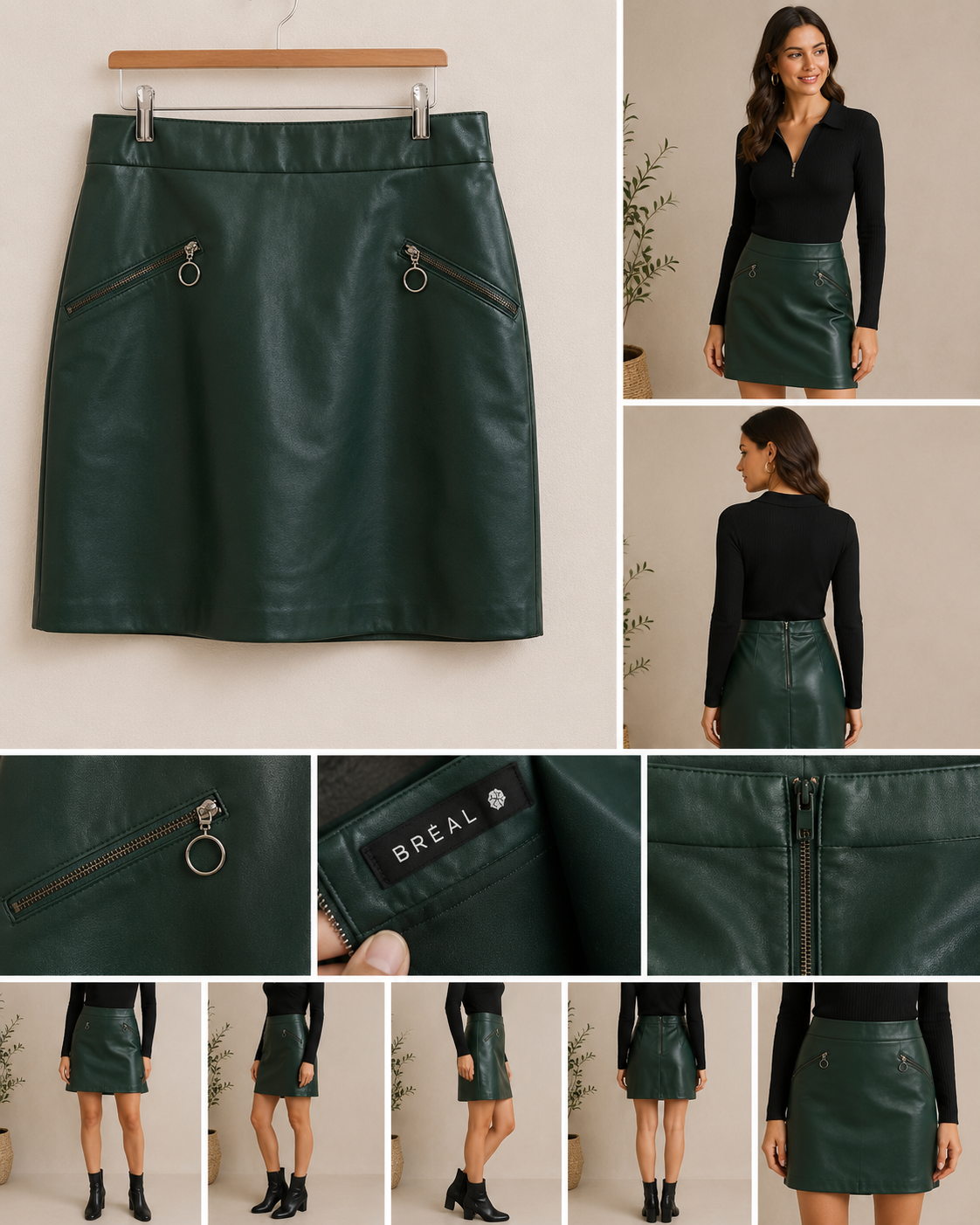 Saia verde escuro efeito simili couro Bréal – corte direito evasé, bolsos com fecho e puxadores em anel metálico, tamanho L/XL