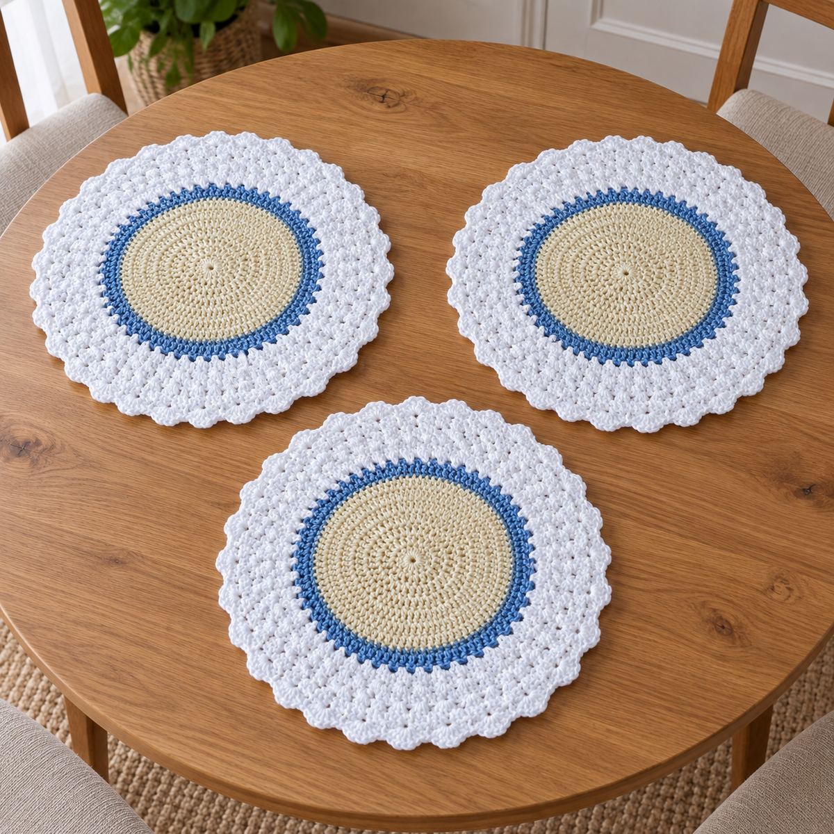 Conjunto de 3 Individuais de Mesa em Croché | Creme, Azul e Branco