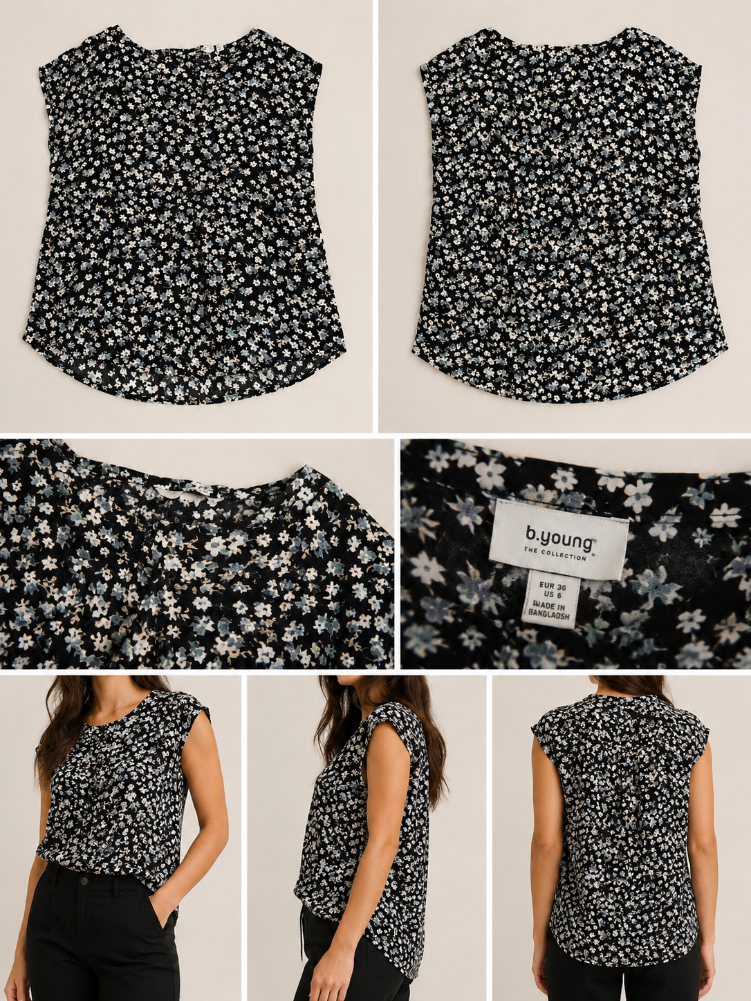 Blusa Floral b.young – Preto/Branco/Azul (EUR 36 / S)