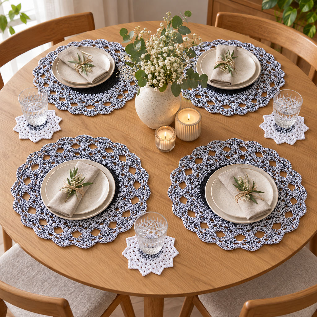 Conjunto de Mesa em Croché – 4 Individuais e 4 Bases para Copos