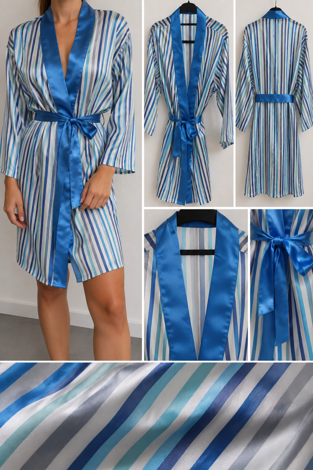 Segunda Mão | Roupão Acetinado às Riscas Azul e Branco – Tamanho a Confirmar